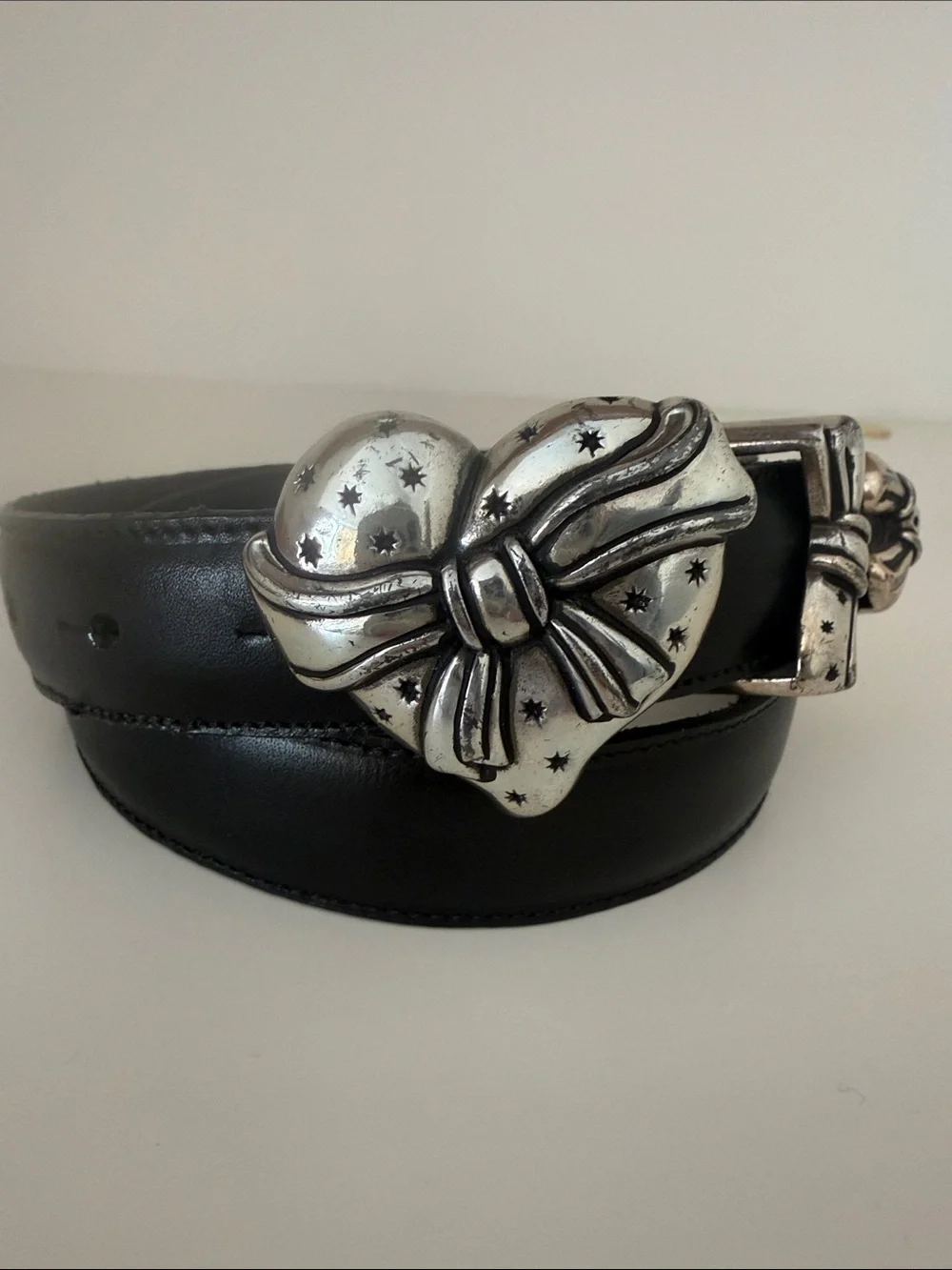 Brighton Leather Belt with Heart and Bow Buckle Black and Silver Vintage Size M